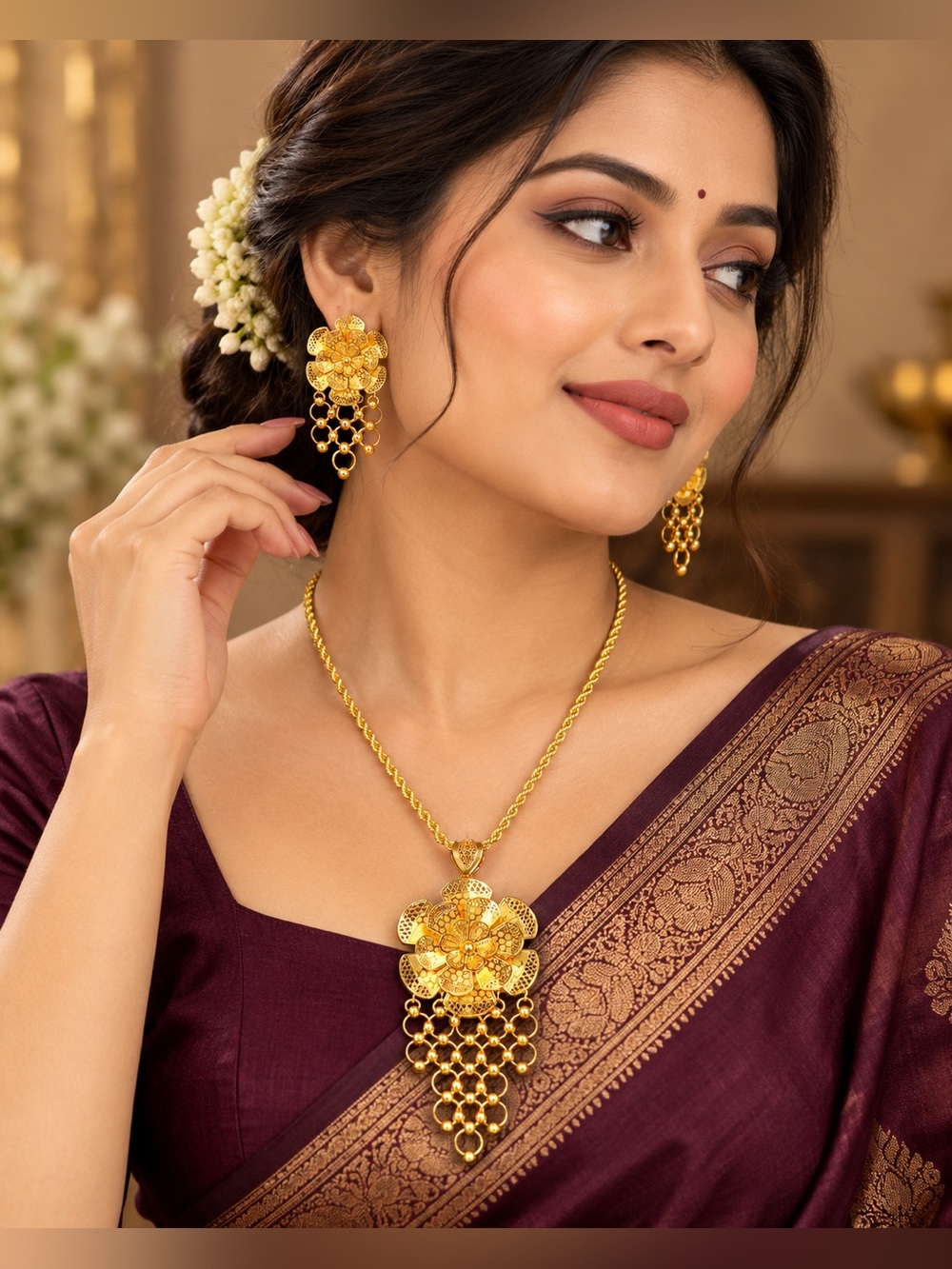 Gold Floral Statement Necklace and Earrings Set - Women Jewelry
